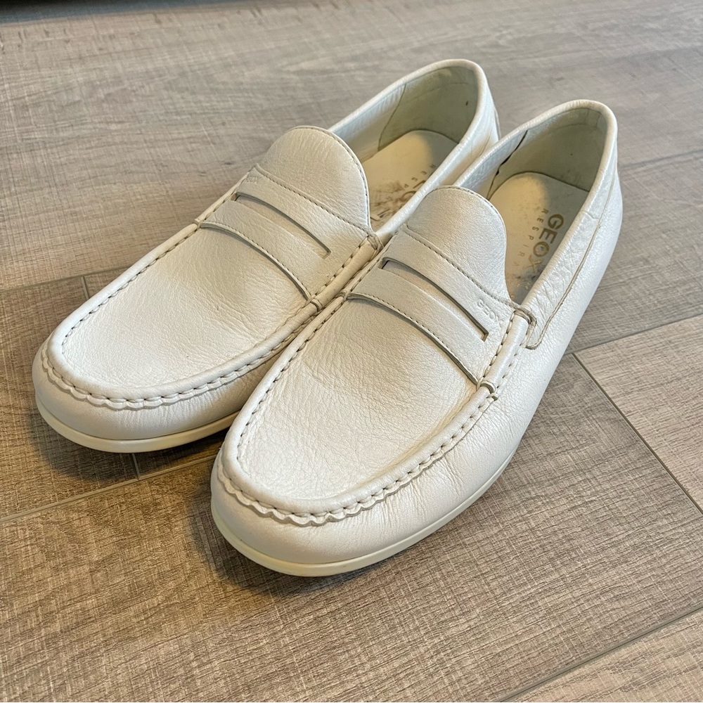Geox Respira white leather shoes / slip on loafers, driving shoes 12 European 45
